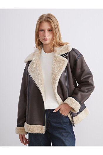 LC Waikiki Kahverengi Biker Yaka Oversize Kadın Süet Mont