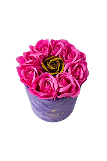 velve Velvet floral arrangement, with 9 soap roses, in purple velvet box, Fuchsia/Gold