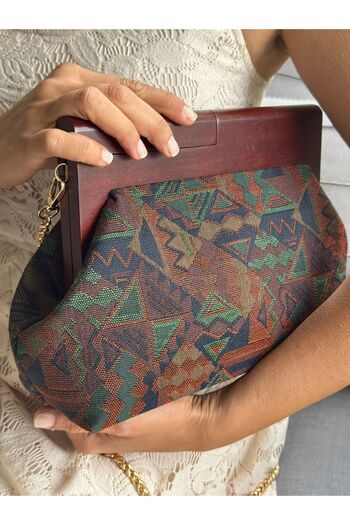 JOPHIEL Penalope Collection - Chain, Wooden Handle Fabric Bag, Clutch, Handbag, Purse