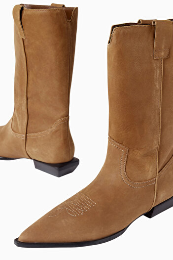 Schutz Ashley 30 Kahverengi Deri Western Topstitch, Düşük Blok Topuklu Lüks Bot
