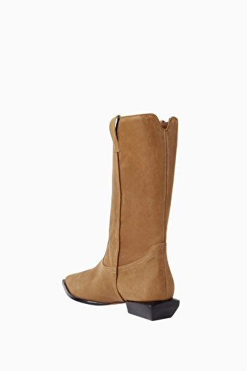 Schutz Ashley 30 Kahverengi Deri Western Topstitch, Düşük Blok Topuklu Lüks Bot