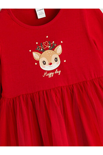 LC Waikiki Crew Neck Christmas Themed Girl's Dress