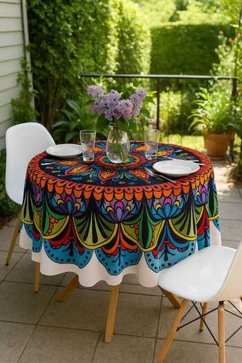 merland benvecocuk Round Ethnic Patterned Duck Fabric Tablecloth 150X150 cm