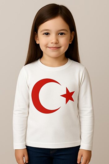 BAGİSTA BUTİK Unisex Children's White Crescent and Star Printed Long Sleeve T-Shirt
