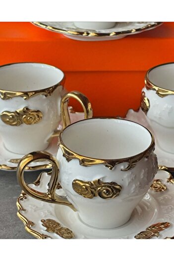 LOKMAN ZÜCCACİYE 6 Person Relief Pattern Gilt Porcelain Cup Set (Aym1604)