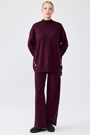Mahal Crochet Knitwear Tunic Pants Set with Buttons on the Sides