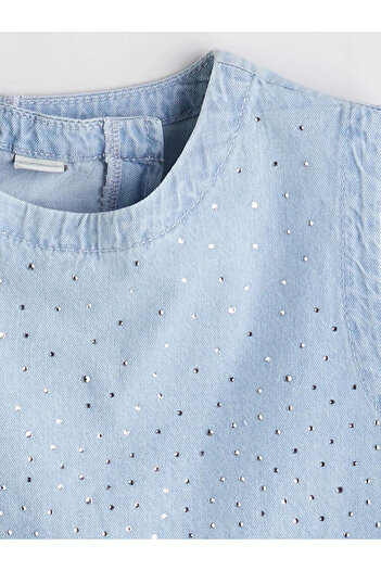 LC Waikiki LCW Kids Mavi Bisiklet Yaka Taşlı Kız Çocuk Bluz