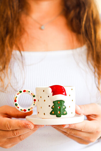 Özce Art Ceramic Atelier Handmade Turkish Coffee Cup and Saucer with Christmas Hat and Tree Pattern, 24K Gold Detail