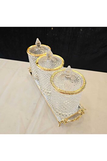 MaviDamla 4 PARÇA TEPSİLİ KRİSTAL CAMLI KAVANOZ SETİ GOLD DETAY ŞERİTLİ
