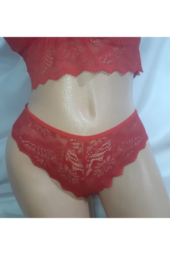 Butik Red Front Cross Detailed Lace Bra and Lace Panty Set