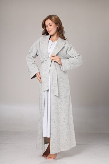 PREGNANT WORLD Women's Blue Melange Shawl Collar Full Length Winter Long Sleeve Special Design Maternity Nightgown Nightdress Set