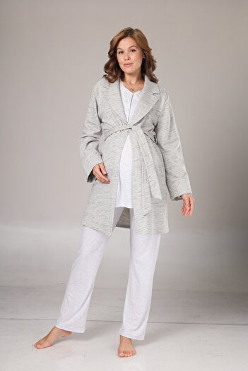 PREGNANT WORLD Women's Blue Melange Shawl Collar Winter Special Design Maternity Maternity Dressing Gown Pajama Set