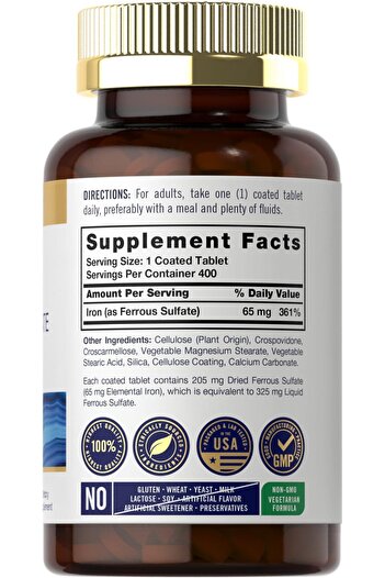 Carlyle Iron Ferrous Sulfate 325mg, 65mg | 400 Tablets | Non-GMO & Gluten Free