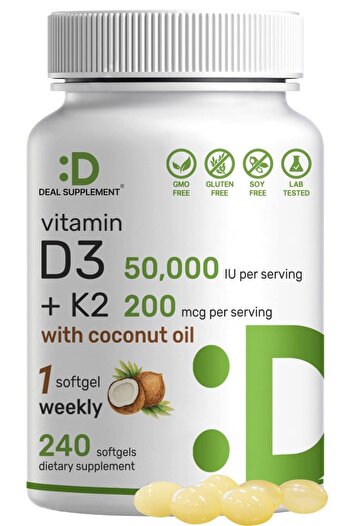 DEAL SUPPLEMENT Vitamin D3 50,000 IU + K2 MK7 200mcg Softgels, 240 Count | Supports Heart, Bone & Immune Health