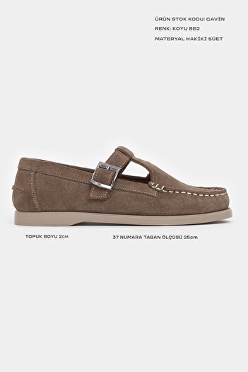 NİŞANTAŞI SHOES Γυναικεία παπούτσια Gavin σε σκούρο μπεζ από γνήσιο δέρμα σουέτ με επίπεδη σόλα με αγκράφα Mary Jane Loafer