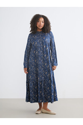 LC Waikiki Blue Plus Size Crew Neck Floral Dress