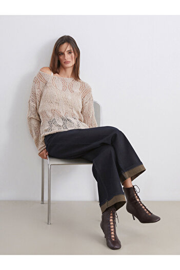 LC Waikiki Beige Crew Neck Openwork Women's Knitwear Sweater
