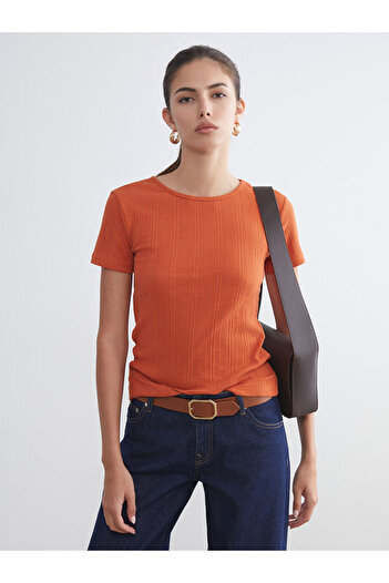 LC Waikiki Orange Crew Neck Textured Women's T-Shirt