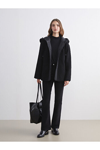 LC Waikiki Black Hooded Oversize Women's Teddy Coat