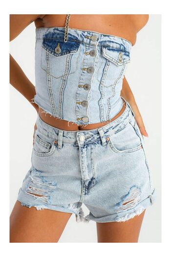 LC Waikiki Blue High Waist Jean Color Women's Jean Shorts with Ripped Detail on the Front