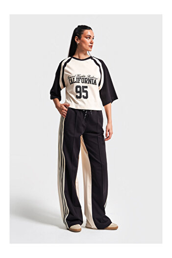 LC Waikiki Women's Multiple Color S5-Cream Black Knitted Fabric Tracksuit Oversize T-Shirt 2-Piece Combination