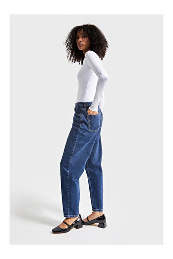 LC Waikiki Women's Dark Blue Color Elastane Fabric Mom Fit Denim