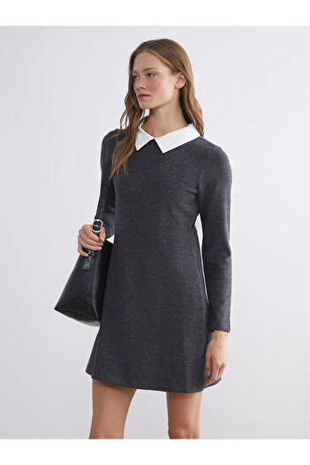 LC Waikiki Anthracite Shirt Collar Mini Dress