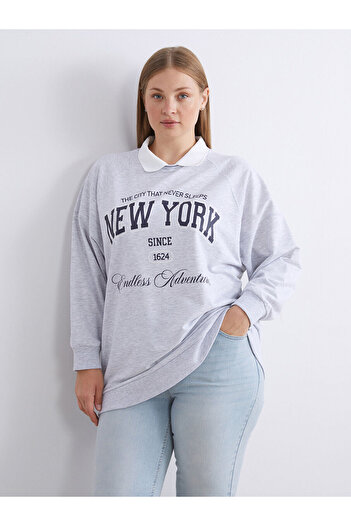 LC Waikiki Gray Shirt Collar Printed Oversize Women's Sweatshirt Tunic