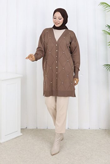 benguen Stone Baklava Patterned Long Cardigan N3246 Mink