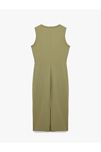 Koton Crepe Fabric Crew Neck Sleeveless Midi Length Pencil Dress with Tie Detail