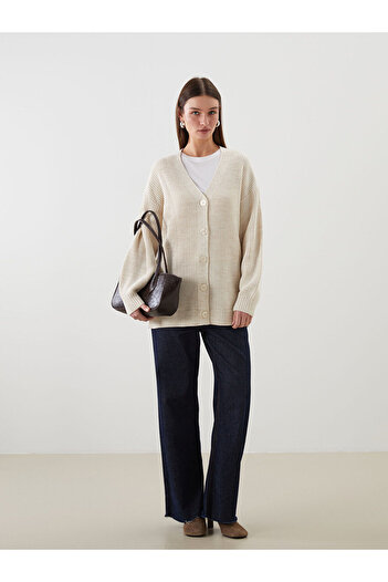 LC Waikiki Ecru V-Neck Women's Knitwear Cardigan