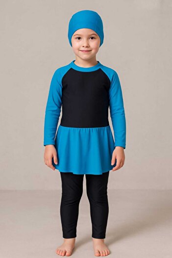 Candle Girls' Long Sleeve Islamic Swimsuit with Skirt and Head Cover - Blue and Black