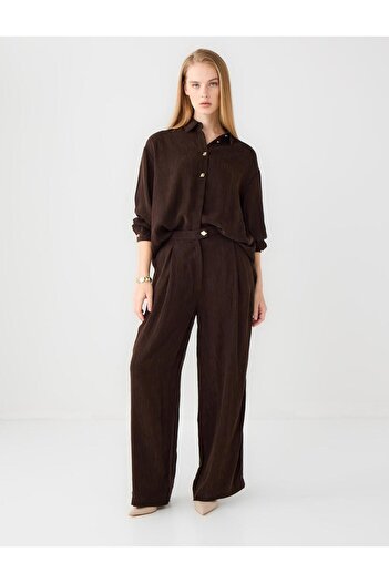 Jimmy Key Bitter Brown Regular Waist Wide Leg Metal Button Woven Trousers