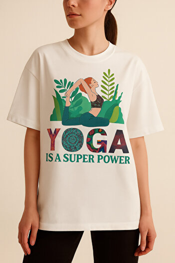 ocke White Oversize Yoga Printed Women's T-Shirt - Yoga Is a Super Power