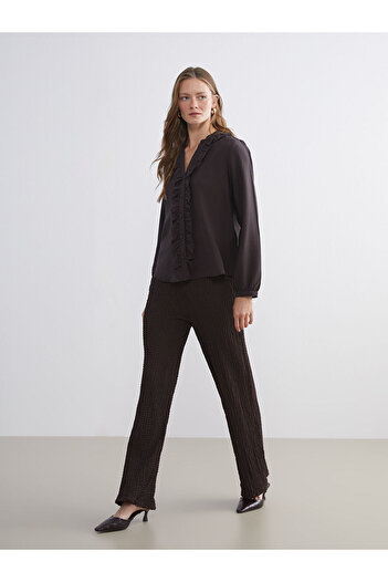 LC Waikiki Brown Elastic Waist Textured Wide Leg Women's Trousers