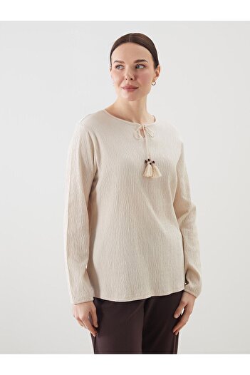 LC Waikiki Beige Tie Neck Textured Women's Blouse
