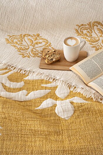 Denizli Concept Baroque Yellow and White Muslin Quilt - Double Size Soft Quilt - Fiber Filled 220X240Cm