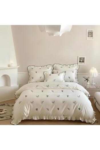 GÖRMEZ TEKSTİL Double Size Cotton Butterfly Patterned Ruffled Duvet Cover Set with Ornamental Stitching