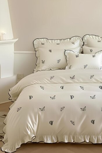 GÖRMEZ TEKSTİL Double Size Cotton Butterfly Patterned Ruffled Duvet Cover Set with Ornamental Stitching
