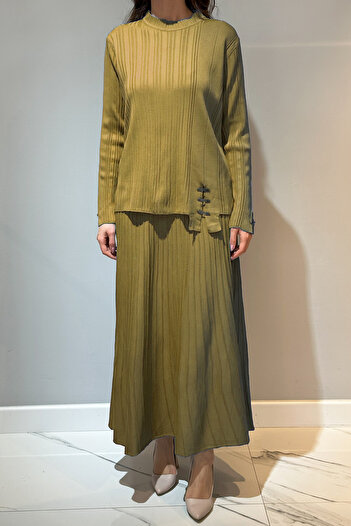 REMSA Accessory Detailed Ribbed Knitwear Skirt Set 35038 Olive Oil Green