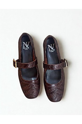 NE&VE SHOES Brown Genuine Leather Knitted Pattern Printed Square Toe Single Strap Women's Stylish and Comfortable Ballerinas