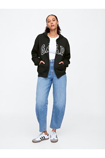 GAP Kadın Siyah Logo Fleece Fermuarlı Sweatshirt