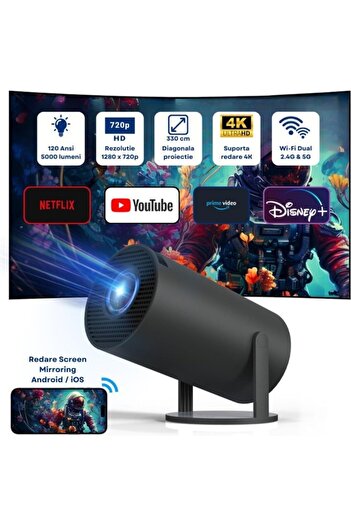 varioshop Portable Smart 4K Projector VarioShop®, 1200 Lumens, Wi-Fi 2.4/5G/BT4.1, Bluetooth 5.0, Android TV