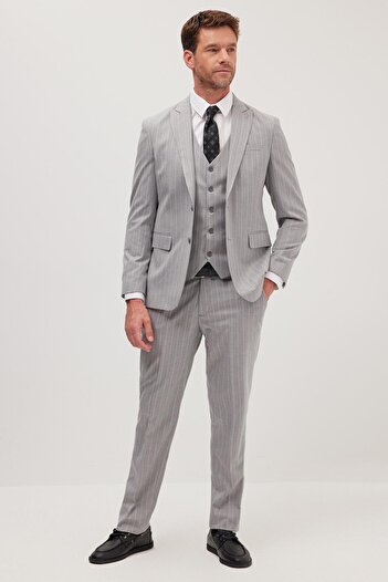 Tudors Men's Slim Fit Grey Stretchy Lycra Fabric Pointed Collar Vest Suit