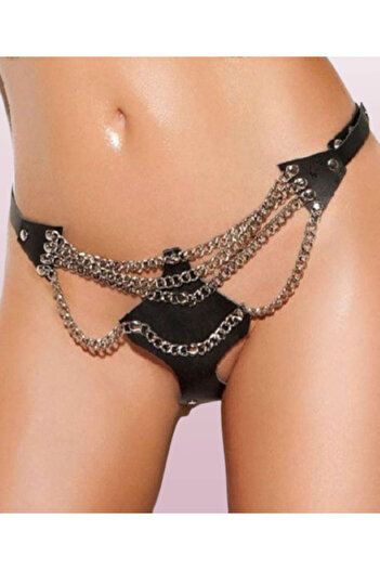 Cooqpoo Black S/M-L-Xl Size Chain Detailed Women's Leather Fancy Panties