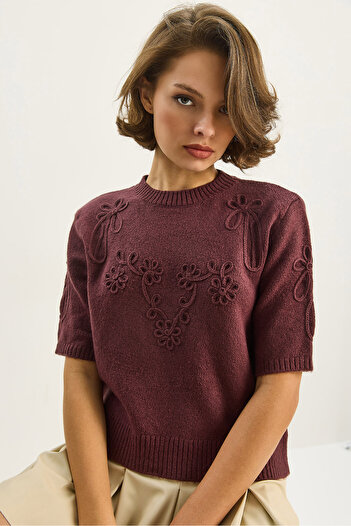 Bianco Lucci Women's Floral Motif Embossed Embroidery Detailed Short Sleeve Knitwear Sweater Tk251110 60283596