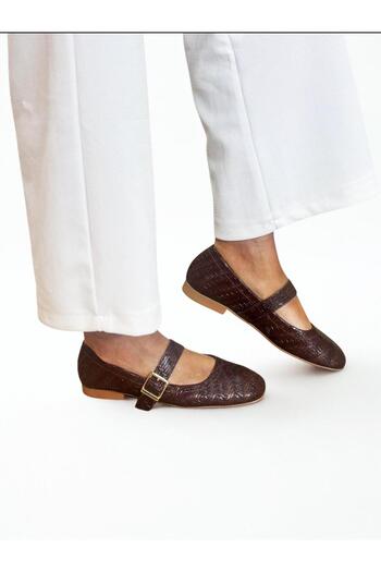 NE&VE SHOES Brown Genuine Leather Knitted Pattern Printed Square Toe Single Strap Women's Stylish and Comfortable Ballerinas