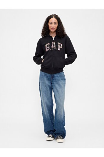 GAP Kadın Siyah Baskılı Logo Fleece Fermuarlı Sweatshirt