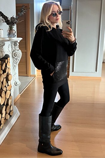 RICH GLAM Relaxed Fit Hooded Long Oversized Women's Black Kangaroo Pocket Crystal Stone Three Thread Sweatshirt