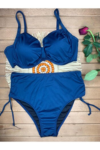 Genel Markalar Kadın Lacivert Likralı Esnek Şık Rahat Büyük Beden Battal Telli Balenli Yüksek Bel Bikini Takım